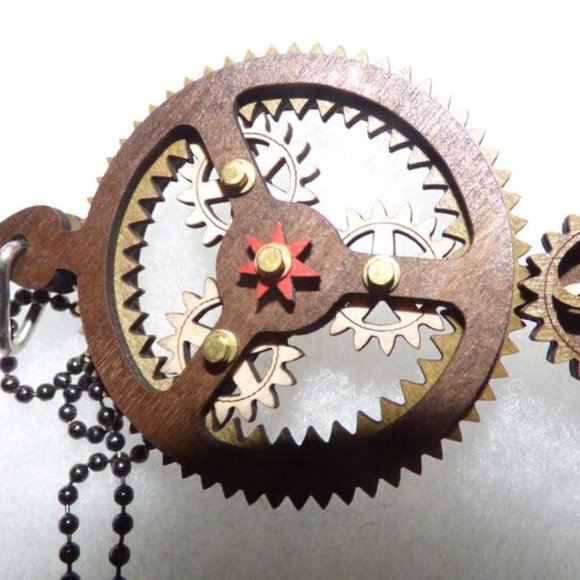GOTH STEAMPUNK GREEN TREE KINETIC PLANETARY NECKLACE AND CLOCK WOOD EARRINGS - Picture 4 of 14